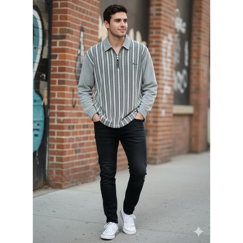 Paco Men's Long Sleeve1/4 Zip Polo Retro Inspired  striped Terry textured  Sz-M